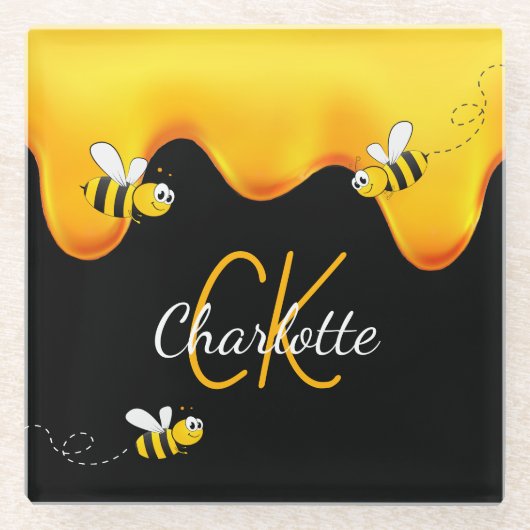 蜂の蜂蜜はモノグラムの黒い黄金を滴下 ガラスコースター (正面)