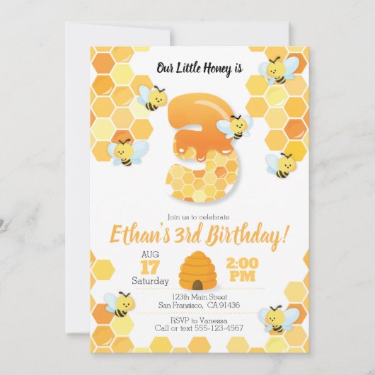 蜂の誕生日,3歳の誕生日の招待状 招待状 (正面)