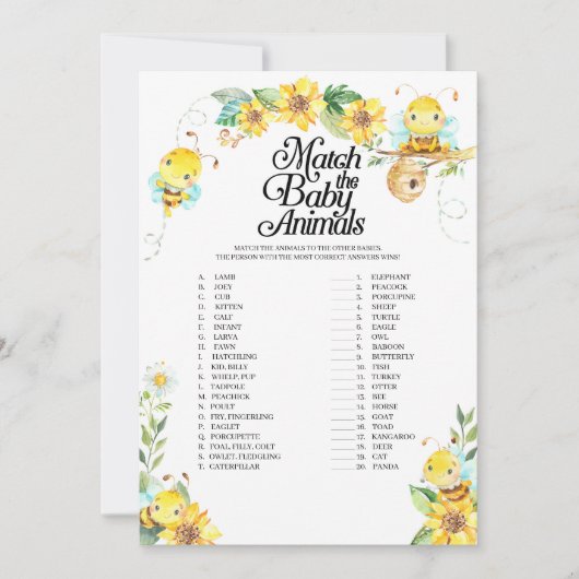 蜂の赤ちゃんシャワーと赤ちゃん動物のゲーム 招待状 (正面)