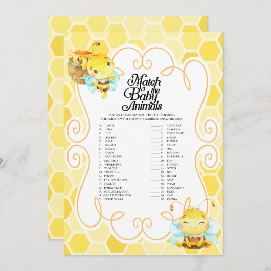 蜂の赤ちゃんシャワーと赤ちゃん動物のゲーム 招待状 (正面/裏面)