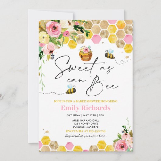 蜂の赤ん坊が蜂のように甘く、ピンクのフローラをシャワー 招待状 (正面)