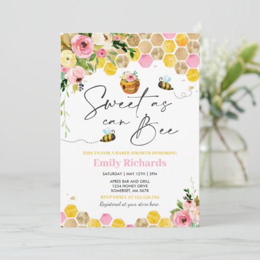 蜂の赤ん坊が蜂のように甘く、ピンクのフローラをシャワー 招待状 (スタンド正面)