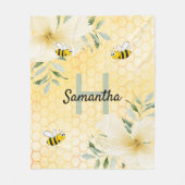 蜂の黄色の花模様ハニカモノグラムの フリースブランケット (正面)