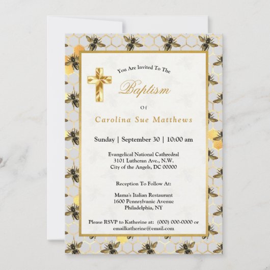 蜂の黄金のハニカム洗礼 招待状 (正面)