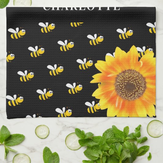 蜂の黒い黄色のひまわり名 キッチンタオル (折り畳み)