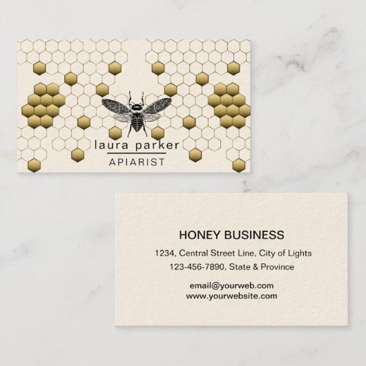 蜂はちみつ売り手APIARIST金ゴールド黄色の六角形 名刺 (正面/裏面)
