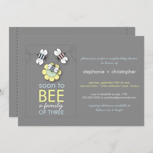蜂へのモダンな家族は男の子のためのベビーシャワーをつなぎます 招待状 (正面/裏面)