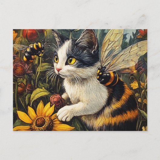 蜂や花が咲く猫 ポストカード (正面)