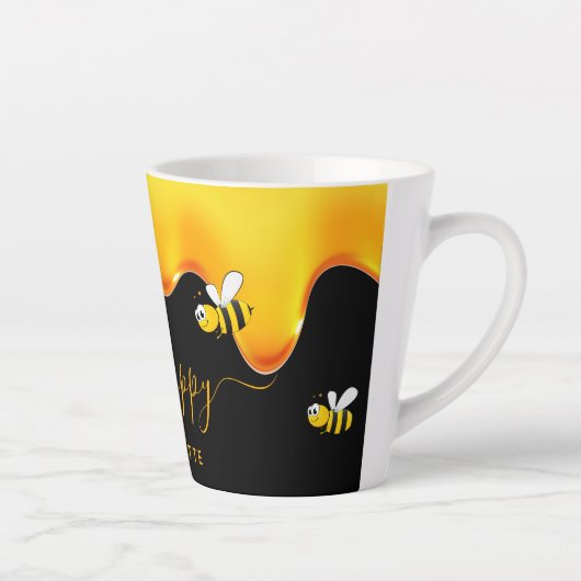 蜂ハッピーブラック可愛いバブルミツバチが蜂蜜を滴らせる カフェラテマグ (右)