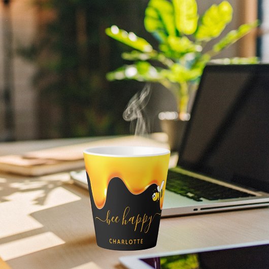 蜂ハッピーブラック可愛いバブルミツバチが蜂蜜を滴らせる カフェラテマグ