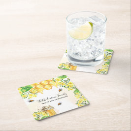 蜂ハニカムイエロー花模様ファミリー名 スクエアペーパーコースター