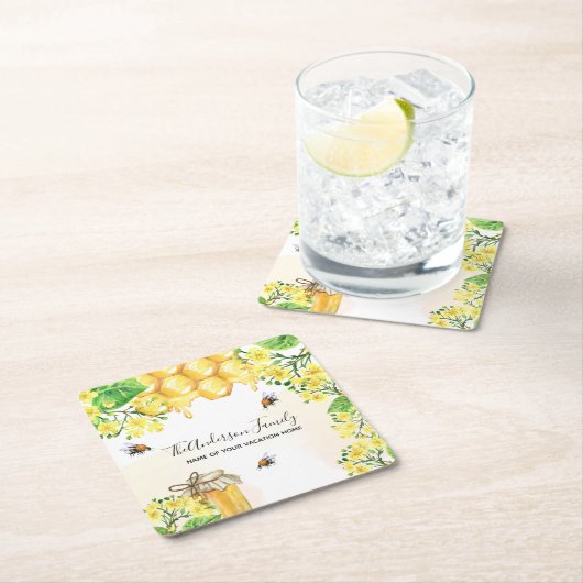 蜂ハニカムイエロー花模様ファミリー名 スクエアペーパーコースター (インサイチュ)