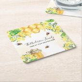 蜂ハニカムイエロー花模様ファミリー名 スクエアペーパーコースター (アングル)