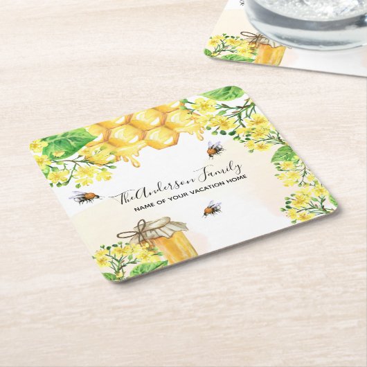 蜂ハニカムイエロー花模様ファミリー名 スクエアペーパーコースター (アングル)