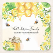 蜂ハニカムイエロー花模様ファミリー名 スクエアペーパーコースター (正面)