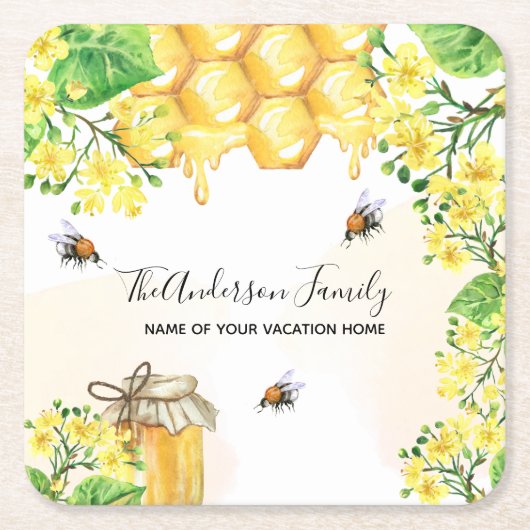 蜂ハニカムイエロー花模様ファミリー名 スクエアペーパーコースター (正面)