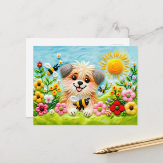 蜂感じが咲く庭の犬 ポストカード (正面/裏面インサイチュ)