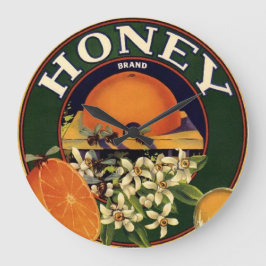蜂蜜のブランドの柑橘類の木枠のラベル ラージ壁時計
