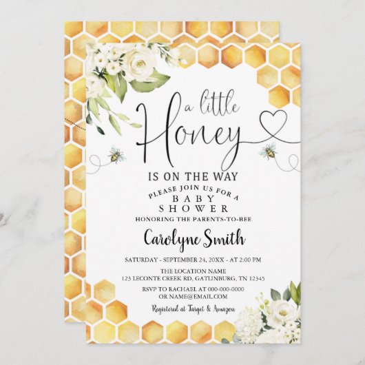 蜂蜜の小さなベビーシャワー招待状 招待状 (正面/裏面)