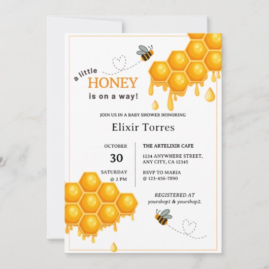 蜂蜜の少し行く途中のハニカムの赤ちゃんシャワー 招待状 (正面)