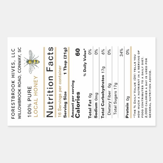 蜂蜜の栄養事実ラベル2020ヴィンテージビー金ゴールド 長方形シール (正面)