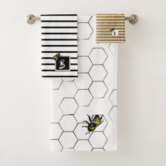 蜂蜜の櫛|のモノグラムが付いている女王バチのストライプ バスタオルセット