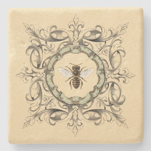 蜂蜜の蜂およびヴィンテージの華美なフレーム ストーンコースター (正面)