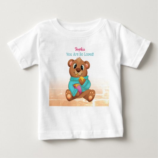 蜂蜜を食べるクマ、子供の名前＆メッセージTシャツ ベビーTシャツ (正面)