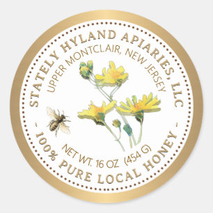 蜂蜜ラベル黄色の花と蜂と金色の枠 ラウンドシール