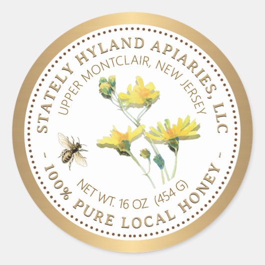 蜂蜜ラベル黄色の花ミツバチと金色の枠 ラウンドシール (正面)