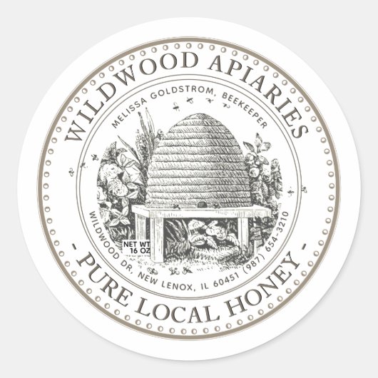蜂蜜ヴィンテージガーデンスケップハイブと小さなミツバチ ラウンドシール (正面)