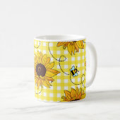 蜂、ひまわり、市松模様にヴィンテージ模様。 コーヒーマグカップ (正面右)