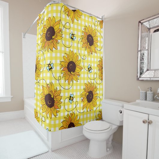 蜂、ひまわり、市松模様にヴィンテージ模様。 シャワーカーテン (インサイチュ)