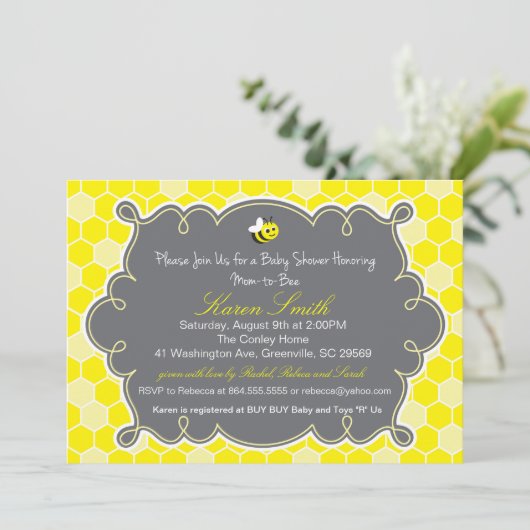 蜂、蜂蜜のはちの巣のベビーシャワーの招待状へのお母さん 招待状 (スタンド正面)