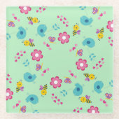 蜂、鳥、花の緑のパターン ガラスコースター (正面)