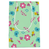 蜂、鳥、花の緑のパターン ミディアムペーパーバッグ (正面)