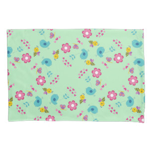 蜂、鳥、花の緑のパターン 枕カバー