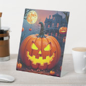 蜘蛛の巣が絡むハロウィンのカボチャ 台座サイン (インサイチュ)