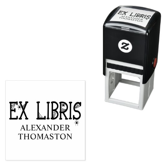 蜘蛛の巣にぶら下がった蜘蛛が付いたEx Librisのテキスト セルフインキングスタンプ (インサイチュ)
