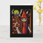 蜘蛛の巣の魔法使いの幽霊のカボチャフクロウのハロウィンの芸術 カード (黄色い花)