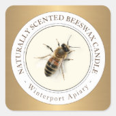 蜜蜂メタリック金ゴールドラベル付き蜜蝋キャンドル スクエアシール (正面)