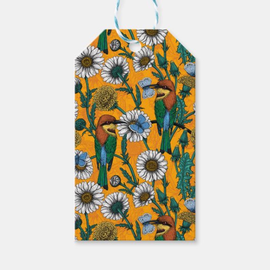 蜜蜂、青い蝶とオレンジのデイジー ギフトタグ (正面)