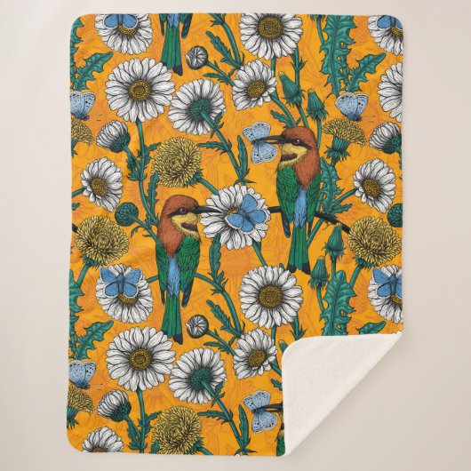 蜜蜂、青い蝶とオレンジのデイジー シェルパブランケット (正面)