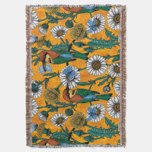 蜜蜂、青い蝶とオレンジのデイジー スローブランケット (正面縦)