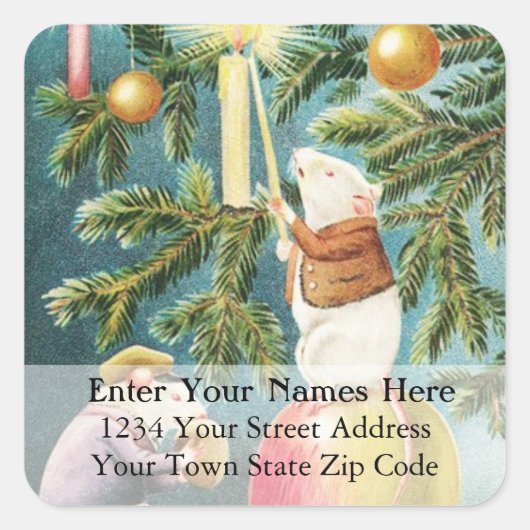 蝋燭の宛名ラベルをつけるクリスマスのネズミ スクエアシール (正面)