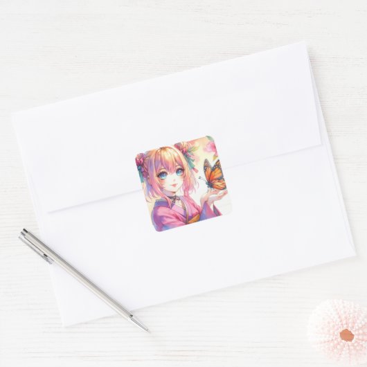 蝶々あいアートを手にしたアニメの少女|過去記事 スクエアシール (封筒)