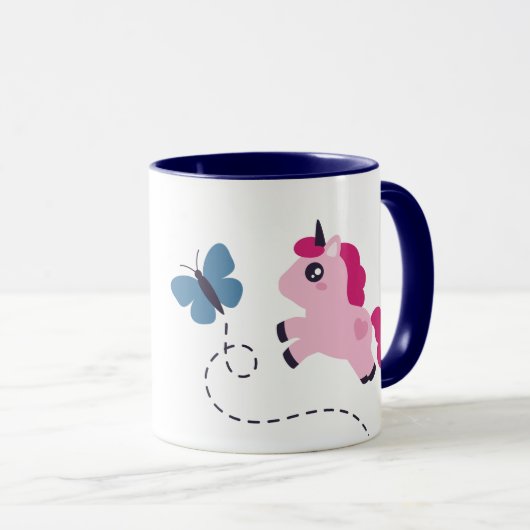 蝶々が咲く可愛いピンクのユニコーン マグカップ (正面右)