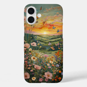 蝶々が咲く草地に沈む夕日 iPhone 16 PLUSケース