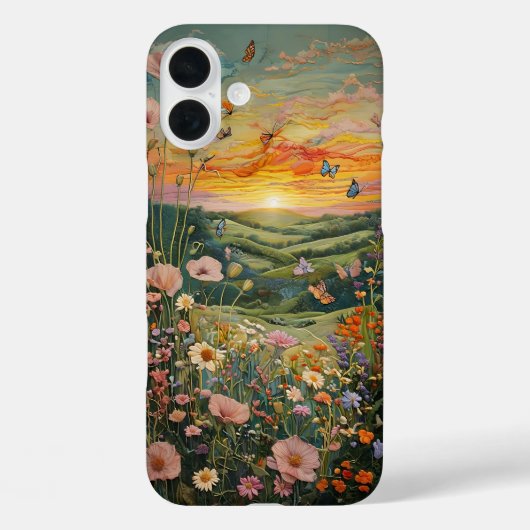 蝶々が咲く草地に沈む夕日 Case-Mate iPhoneケース (裏面)