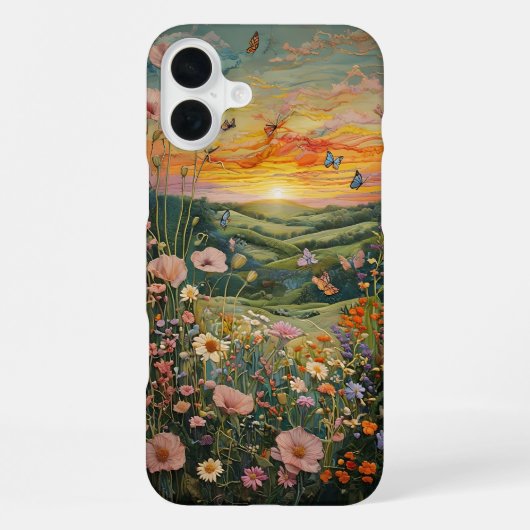 蝶々が咲く草地に沈む夕日 iPhoneケース (裏面)